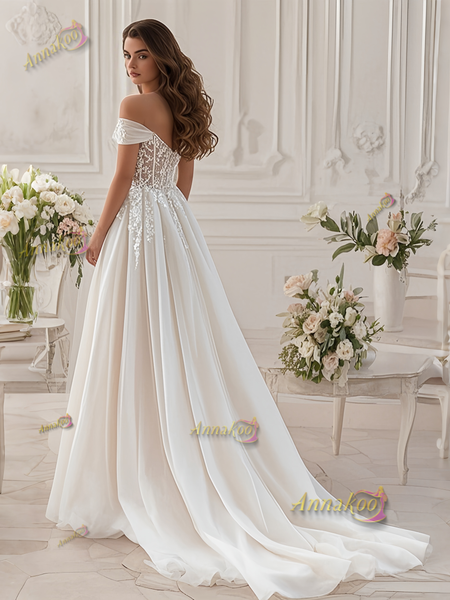 Shop 2025 ANNAKOO Off The Shoulder Lace Backless Appliques Tulle Wedding Dress Under 269