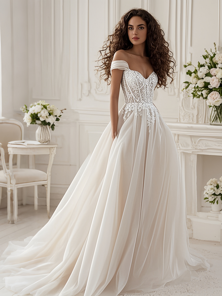 Shop 2025 ANNAKOO Off The Shoulder Lace Backless Appliques Tulle Wedding Dress Under 269