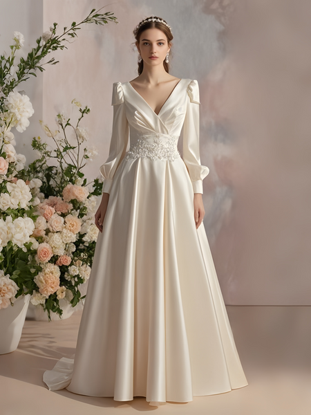 Shop 2025 ANNAKOO Long Sleeve V Neck Satin Appliques Beading Wedding Dress Under 269