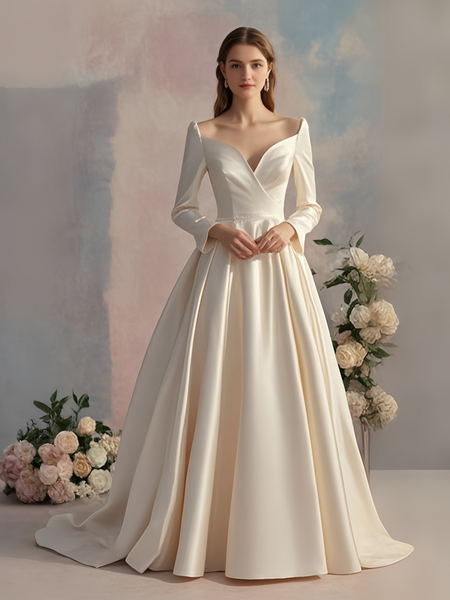 Shop 2025 ANNAKOO Sweetheart Satin A Line Long Sleeve Wedding Dress Under 239