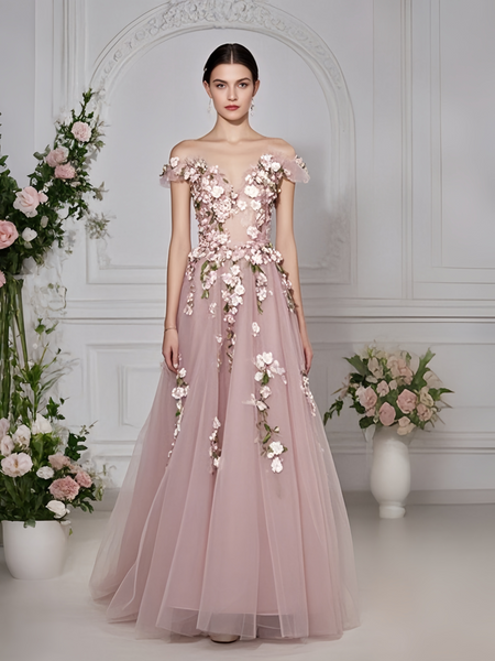 Shop 2025 Annakoo Off The Shoulder A Line Pink Tulle Flower Prom Dress Under 298