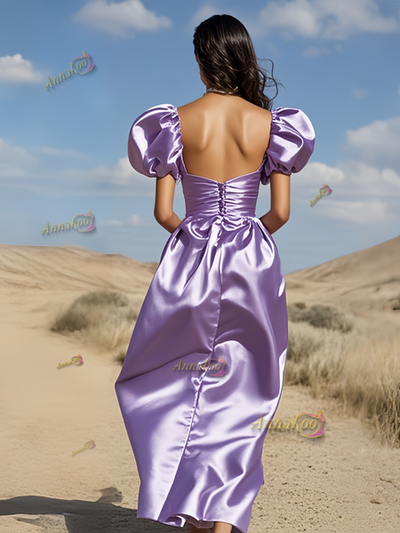 Shop 2025 ANNAKOO Lavender Satin Short Sleeve Sweetheart Tea Length Prom Dress Under 148