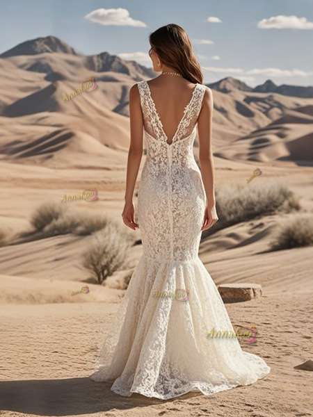 Shop 2025 ANNAKOO V Neck Trumpet Mermaid Lace Backless Wedding Dress Under 259