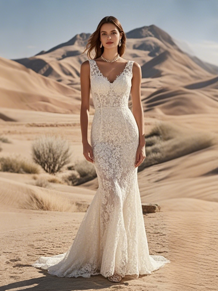 Shop 2025 ANNAKOO V Neck Trumpet Mermaid Lace Backless Wedding Dress Under 259