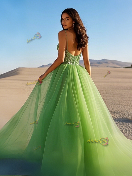 Shop 2025 ANNAKOO Spaghetti Straps Crystal Tulle Green Tulle Prom Dress Under 229