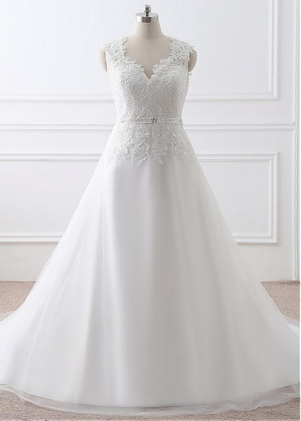 Plus Size Tulle V-neck  A-line Wedding Dress With Belt
