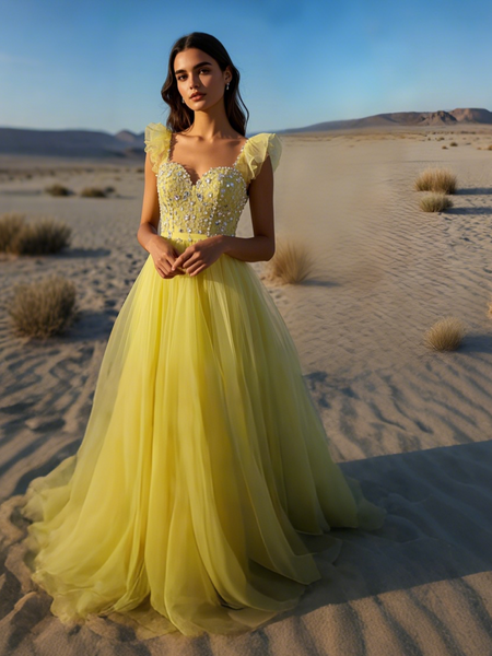 Shop 2025 ANNAKOO  Yellow Fly Sleeves A Line Backless Beading Prom Dress Under 248