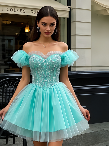 Shop 2025 ANNAKOO Green Tulle Puffy Sleeve Short Mnini Homecoming Dress Under 189