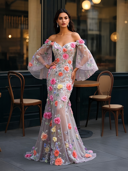 Shop 2025 ANNAKOO Puffy Sleeve Tulle Off The Shoulder Flowers Trumpet Mermaid Prom Dress Under 588