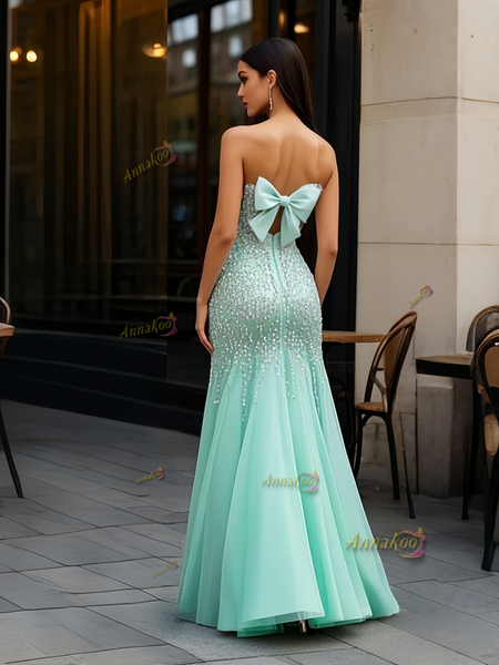 Shop 2025 ANNAKOO Mint Green Tulle Sheath Column Beading Prom Dress With Slit Under 258