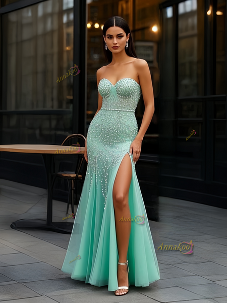 Shop 2025 ANNAKOO Mint Green Tulle Sheath Column Beading Prom Dress With Slit Under 258