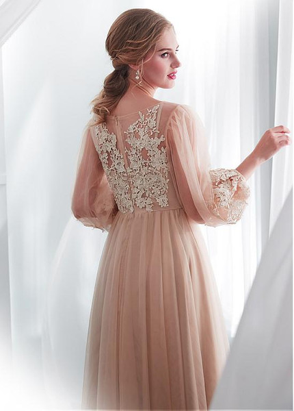 Applique Long Sleeve Tulle Bateau Champagne A-line Wedding Dress
