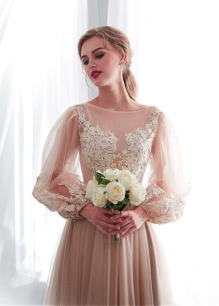 Applique Long Sleeve Tulle Bateau Champagne A-line Wedding Dress