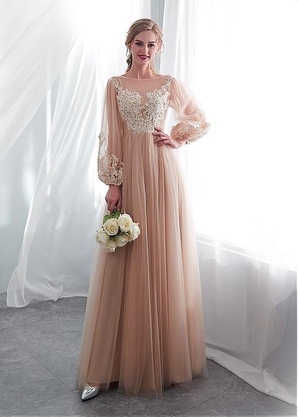 Applique Long Sleeve Tulle Bateau Champagne A-line Wedding Dress