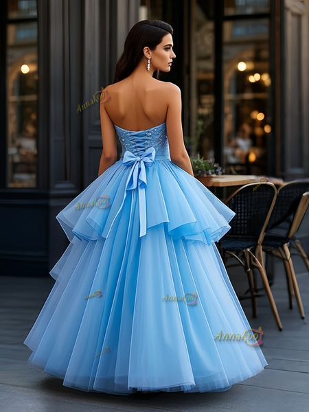 Shop 2025 ANNAKOO Blue Ruffles Sweetheart A Line Beading Prom Dress Under 259