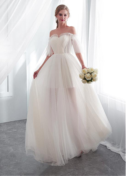 off shoulder short sleeve wedding dress