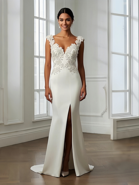 Shop 2025 ANNAKOO Lace Appliques V Neck Trumpet Mermaid Wedding Dress Under 269