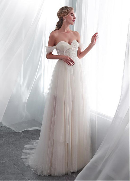 Chic Tulle Off-the-shoulder Long A-line Wedding Dress