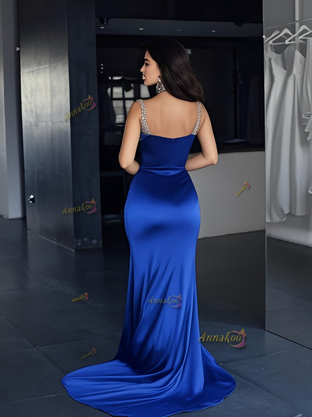 Shop 2025 ANNAKOO Deep Royal Blue Sheath Column V Neck Beading Satin Prom Dress With Slit Under 189