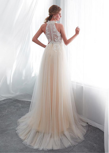 Sexy Tulle Halter See-through Bodice A-line Wedding Dress 