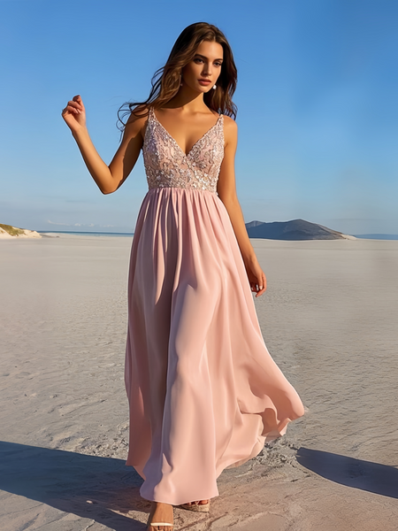 Shop 2025 ANNAKOO Pink V Neck Chiffon Beading A Line Prom Dress With Slit Under 158