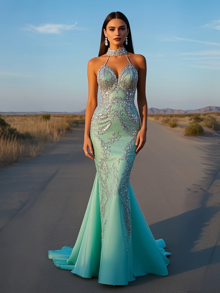 Shop 2025 ANNAKOO High Neck Tulle Trumpet Mermaid Minit Sparkle Prom Dress Under 289