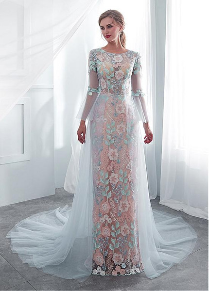 Colorful Flower Jewel See-through Sheath/Column Wedding Dress