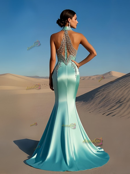 Shop 2025 ANNAKOO  High Neck Satin Mint Beading Trumpet Mermaid Prom Dress Under 288
