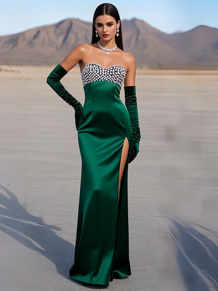 Shop 2025 ANNAKOO Sweetheart Satin Sheath Column Green Beading Prom Dress With Slit Under 178