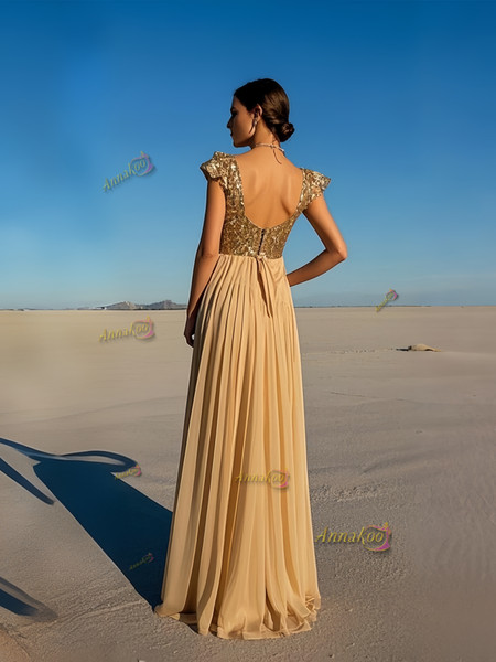 Shop 2025 ANNAKOO Gold Sequin V Neck Cap Sleeve Chiffon Prom Dress Under 178