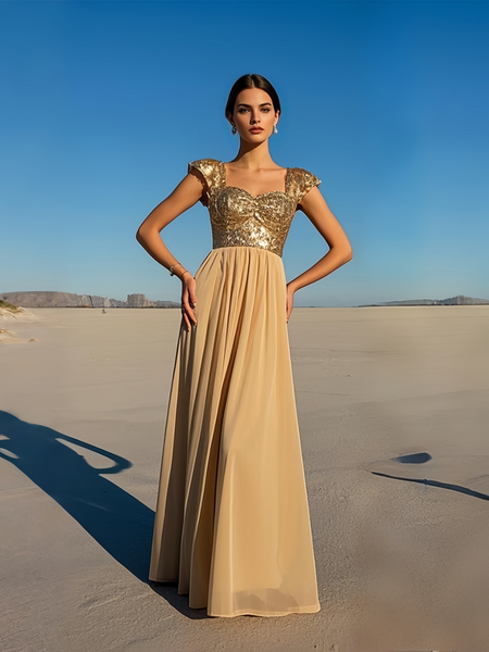 Shop 2025 ANNAKOO Gold Sequin V Neck Cap Sleeve Chiffon Prom Dress Under 178