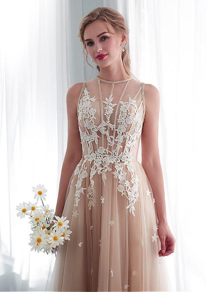 Champagne Jewel  See-through Bodice A-line Wedding Dress