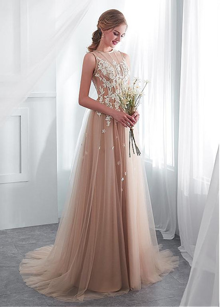  Champagne Jewel  See-through Bodice A-line Wedding Dress