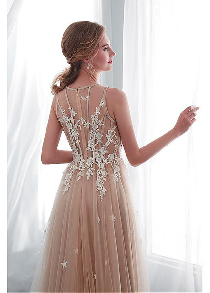  Champagne Jewel  See-through Bodice A-line Wedding Dress