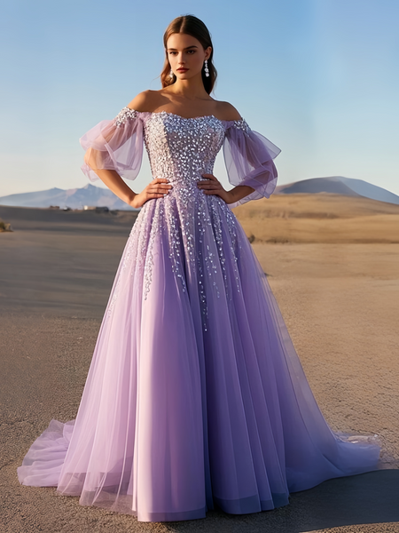 Shop 2025 ANNAKOO Lavender Tulle A Line Long Sleeve Beading Prom Dress Under 276