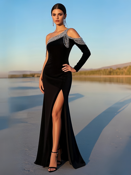 Shop 2024 ANNAKOO Long Sleeve Black Beading Tassel Trumpet Mermaid Prom Dress With Slit Under 238