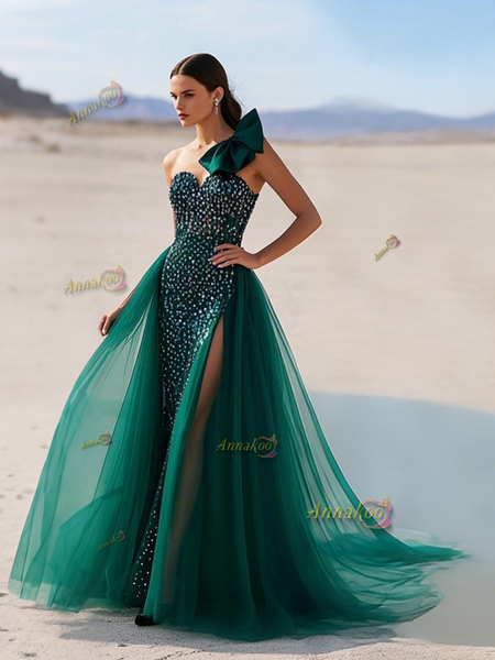 Shop 2025 ANNAKOO Dark Green Detachable One Shoulder Bow Prom Dress With Slit Under 178