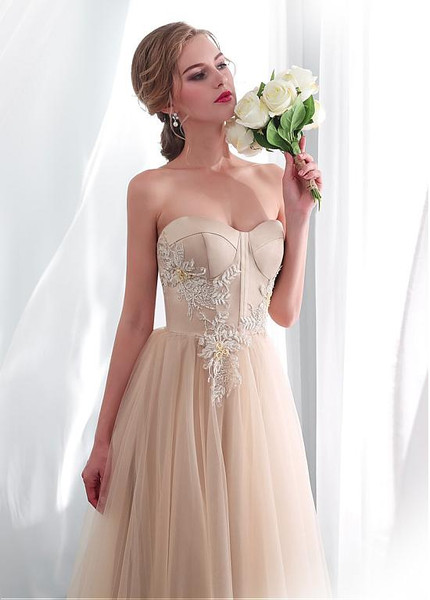 Tulle & Satin Sweetheart Champagne Long A-line Wedding Dress 