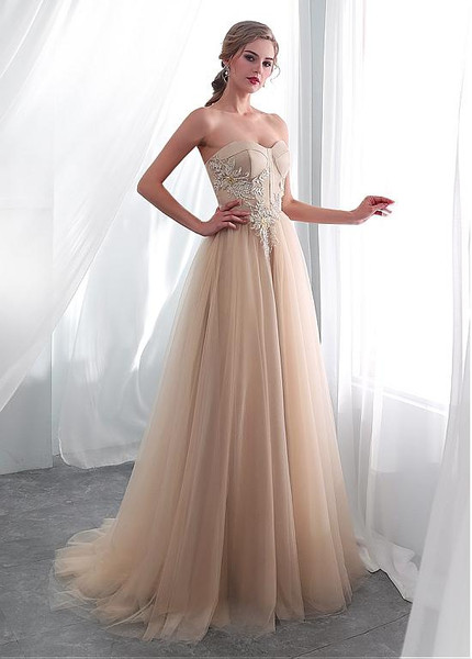 Tulle & Satin Sweetheart Champagne Long A-line Wedding Dress 