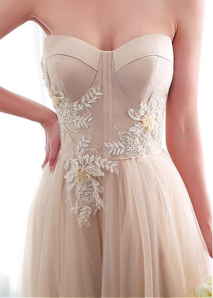 Tulle & Satin Sweetheart Champagne Long A-line Wedding Dress 