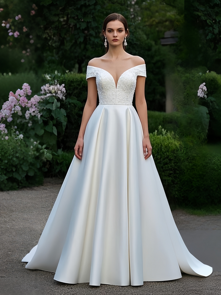 Shop 2025 ANNAKOO Off The Shoulder A Line Satin Appliques Wedding Dress Under 248