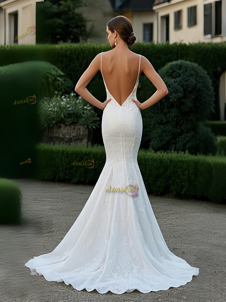 Shop 2025 Annakoo White V Neck Lace Trumpet Mermaid Wedding Dress With Slit Under 259