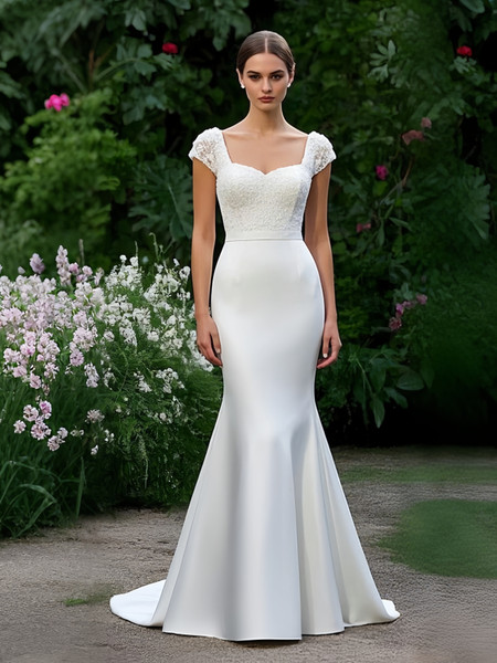 Shop 2025 ANNAKOO Cap Sleeve Trumpet Mermaid Appliques Satin Wedding Dress Under 259