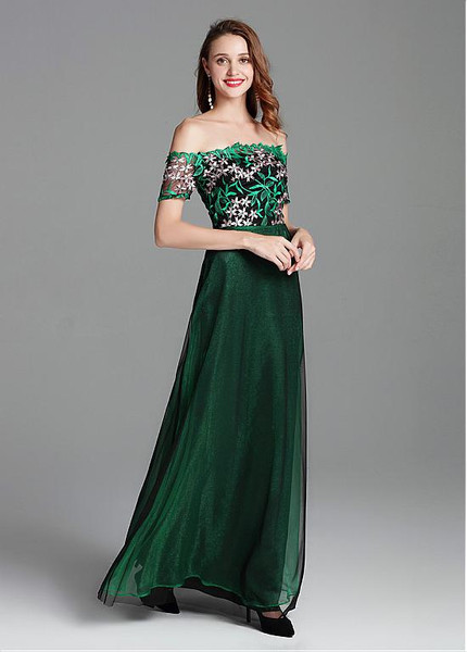 Ready To Ship Lace Off-the-shoulder Green  Formal Dress With Embroidery