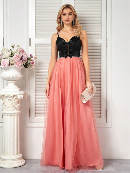 Shop 2025 ANNAKOO Black & Pink V Neck Bow Tulle Prom Dress Under 129