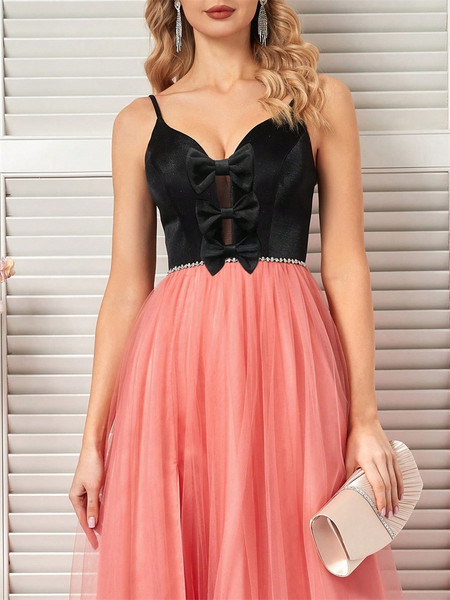 Shop 2025 ANNAKOO Black & Pink V Neck Bow Tulle Prom Dress Under 129