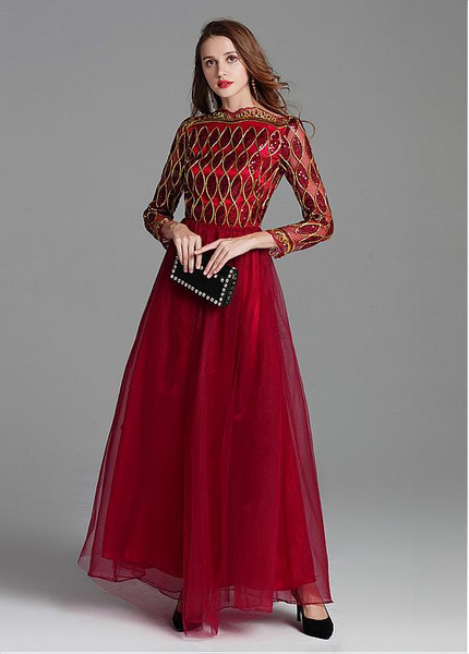 Ready To Ship Long Sleeve Tulle Bateau Sequins A-line Prom Dress 