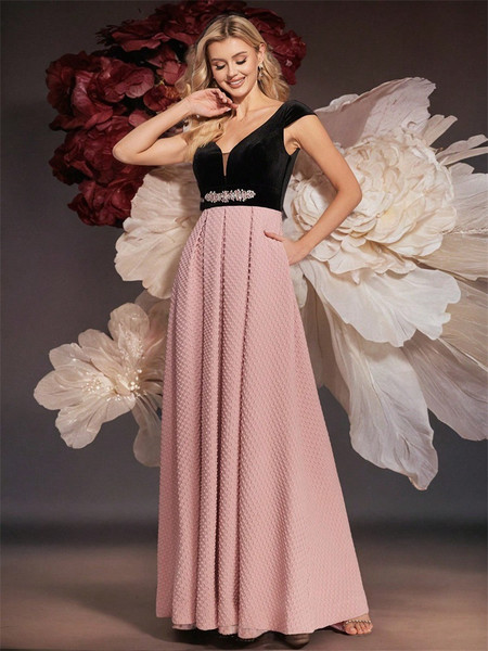 Shop 2025 ANNAKOO Black & Pink Beading  V  Neck Prom Dress With Pockets Under 129