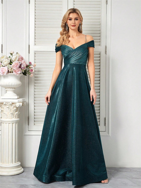 Shop 2025 ANNAKOO Green Off The  Shoulder A Line Ruched Prom Dress Under 129