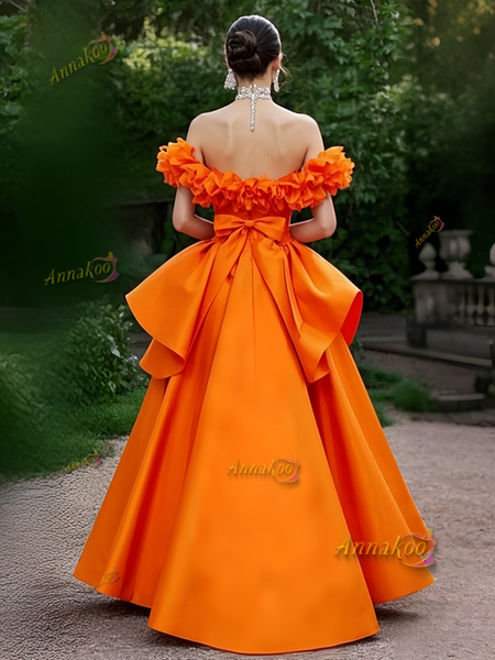 Shop 2025 ANNAKOO Orange Off The Shoulder Ruffles Satin Prom Dress With Slit Under 198